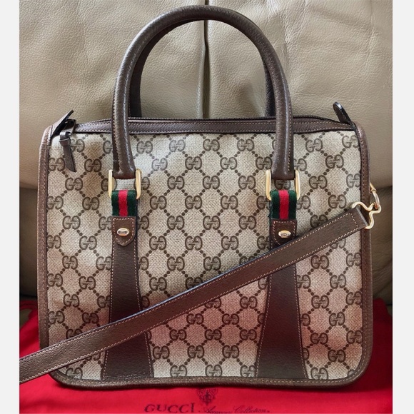 Gucci Handbags - Authentic Vintage Gucci Brown Monogram Canvas Leather Crossbody Satchel Bag